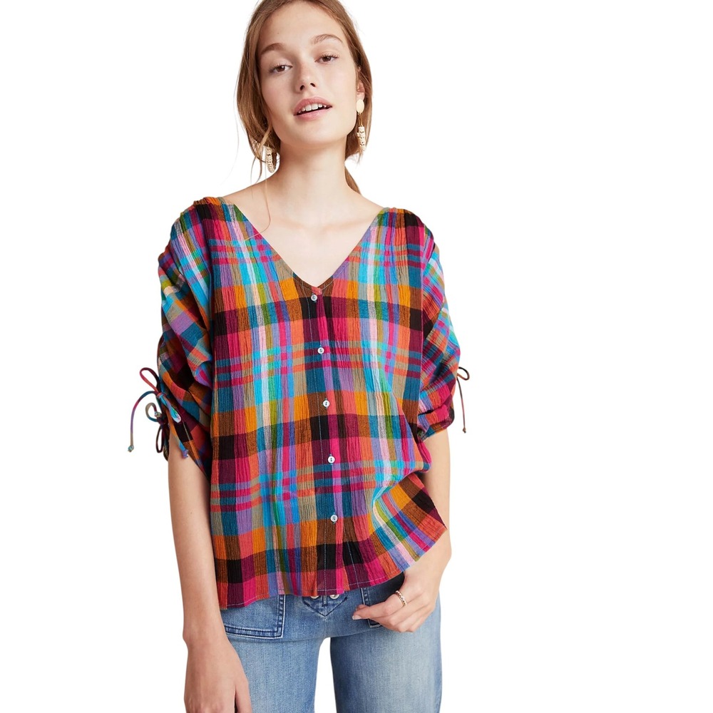 Maeve Anthropologie Amelia Plaid Blouse Multi Color Tie Sleeve Gauze Top Large